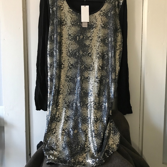 CALVIN KLEIN Sexy Silver Sequin Dress Sz L - Picture 3 of 6